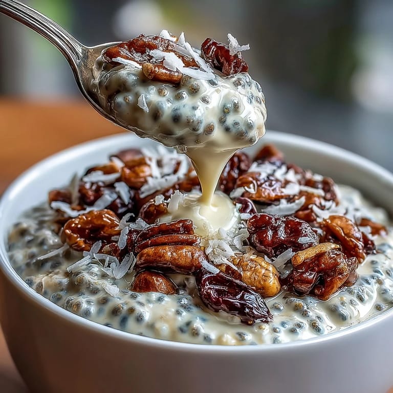 Tropical chia pudding with protein powder, shredded coconut, and toasted coconut flakes—nutritious and delicious.  