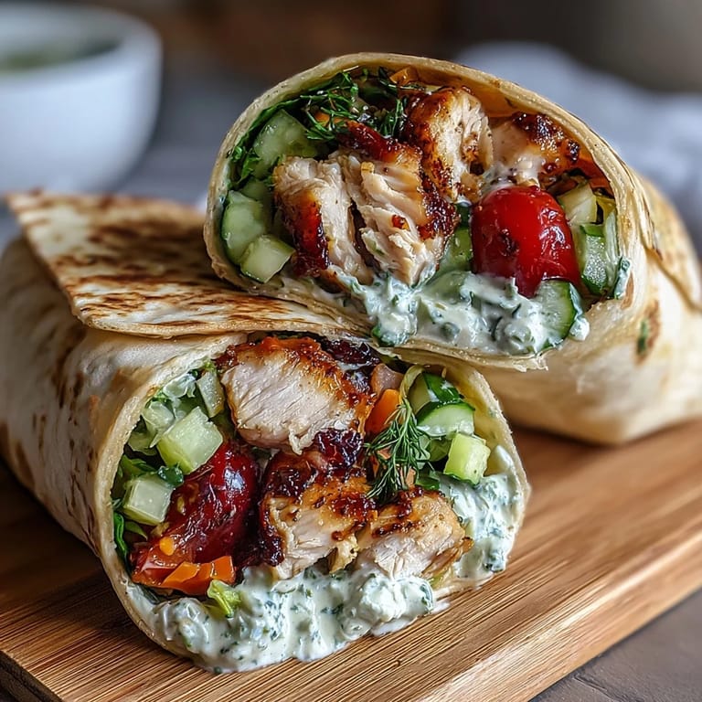 Fresh chicken wraps stacked with tender chicken, shredded lettuce, and colorful bell peppers, perfect for quick, nutritious meals.
