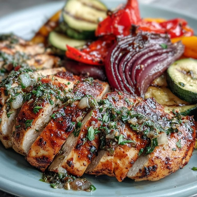 Healthy grilled chicken and vegetable platter, served with fresh parsley and lemon wedges for a vibrant, satisfying meal.