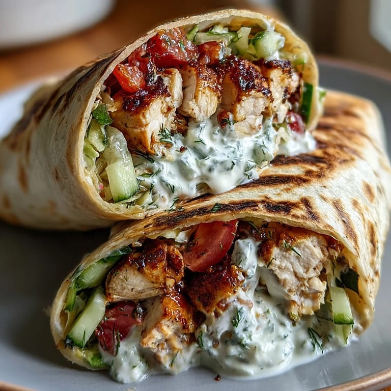 Colorful chicken wraps filled with juicy grilled chicken, crunchy vegetables, and a light Greek yogurt sauce for a satisfying meal.