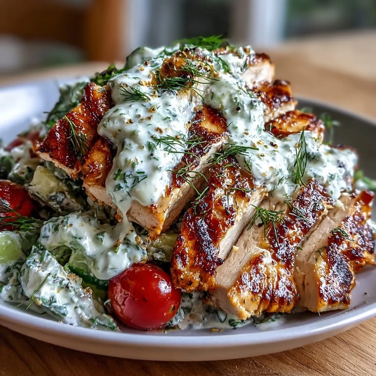 High Protein Chicken Salad with Yogurt Dressing: colorful salad featuring cherry tomatoes, cucumber, red onion, and juicy chicken over fresh greens with tangy yogurt dressing.