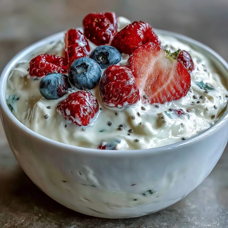 Vanilla protein powder blended into Greek yogurt with vibrant berries for a nutritious snack.