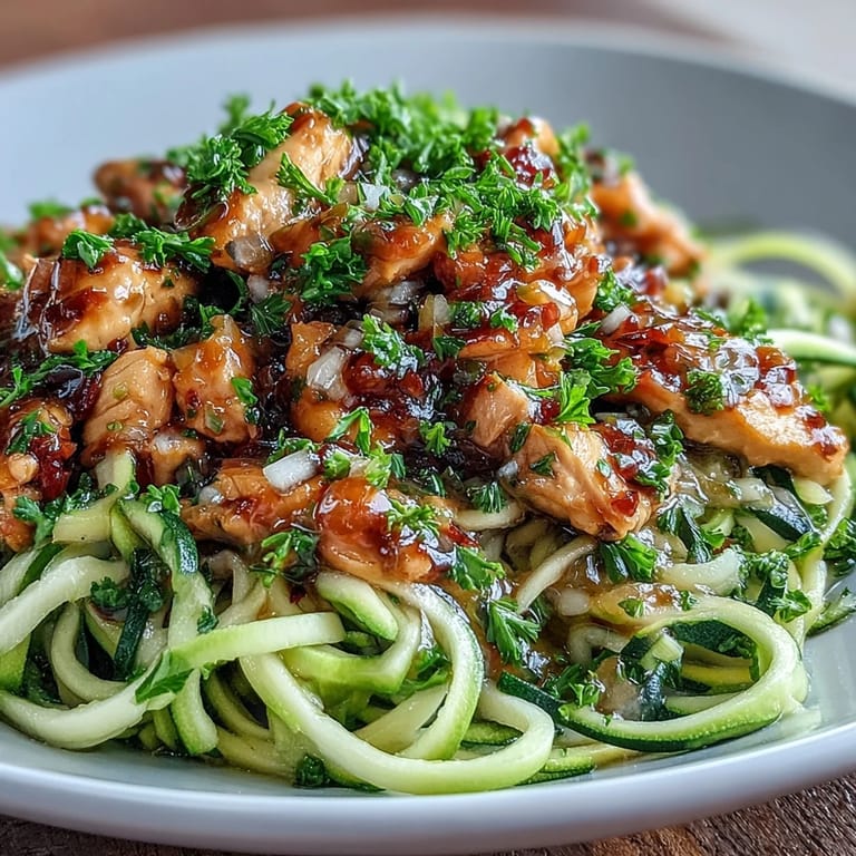 Tender chicken strips and vibrant zucchini noodles tossed in a light soy-lemon sauce, a colorful and nutritious dinner option.