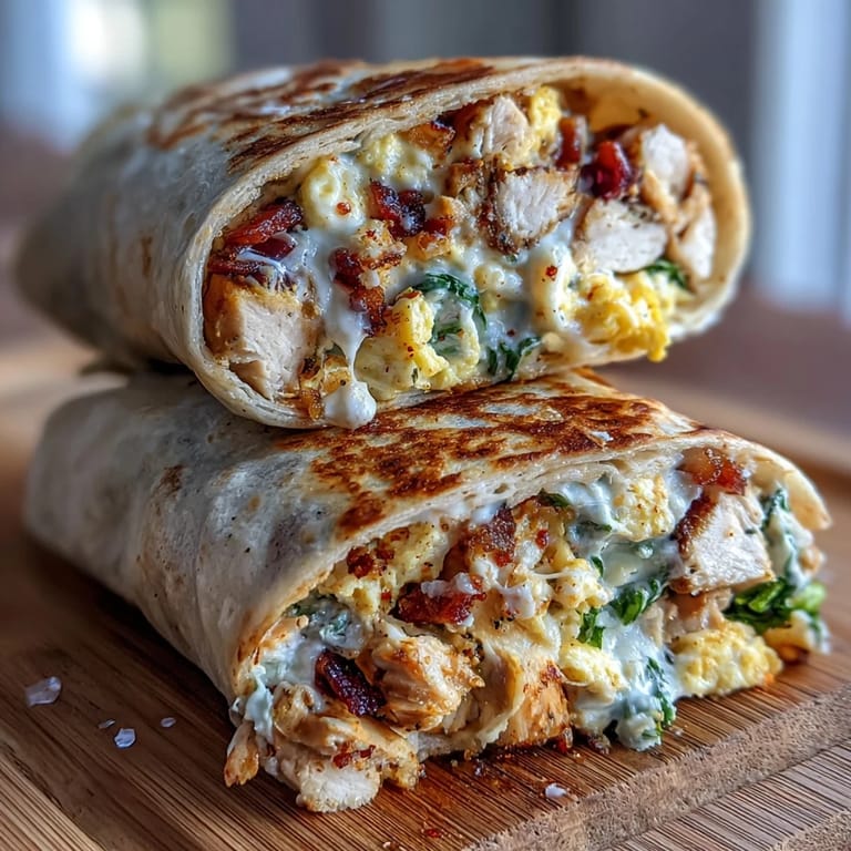 Fluffy scrambled eggs and juicy chicken wrapped in a golden tortilla, packed with colorful vegetables and savory flavor.