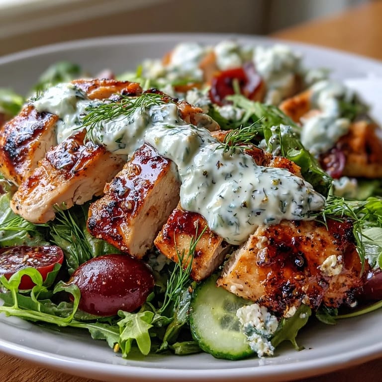 Colorful, nutrient-packed low calorie high protein chicken salad featuring grilled chicken breast, mixed greens, and tangy lemon-yogurt drizzle.