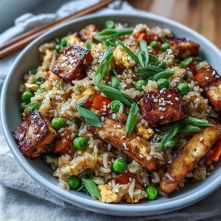 Protein-packed egg fried rice loaded with tofu, carrots, and bell peppers for a nourishing meal.