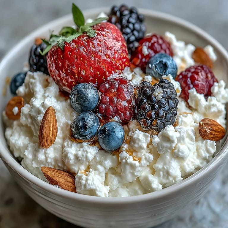 A colorful, protein-packed cottage cheese and berry bowl drizzled with honey, perfect for a quick and healthy snack.