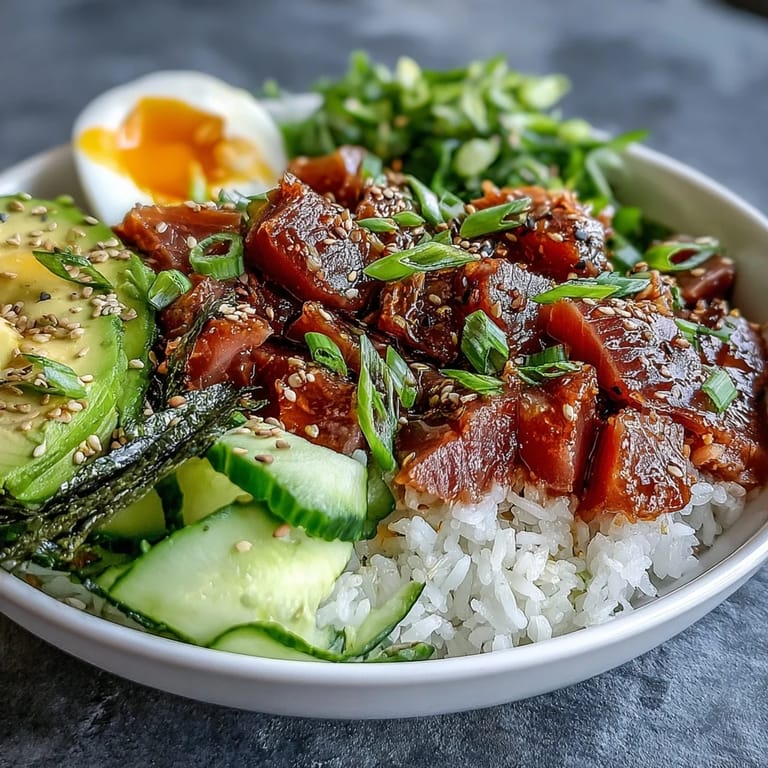 Protein-packed tuna rice bowl featuring tender rice, savory tuna, and vibrant toppings for a satisfying, quick lunch or dinner.