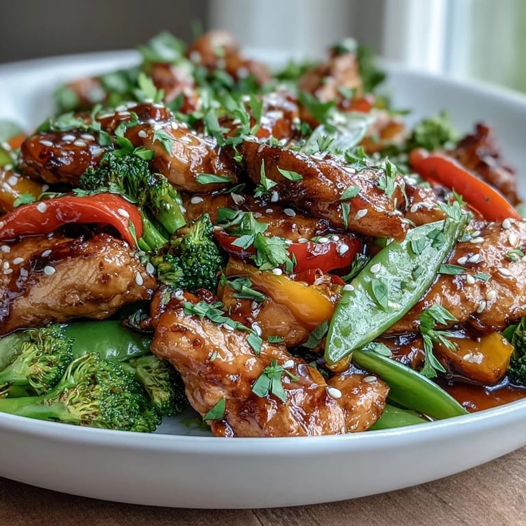 Colorful high protein chicken stir fry loaded with bell peppers, broccoli, and snap peas, all coated in a glossy, savory sauce. Perfect for meal prep or dinner.