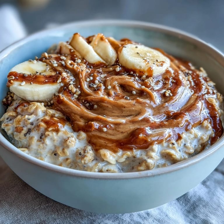 Velvety oatmeal infused with vanilla protein and creamy peanut butter, garnished with nuts and chia seeds.