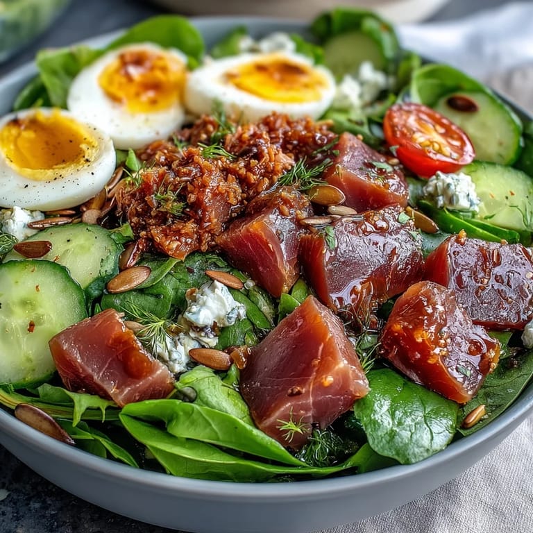 Zesty tuna and egg salad bowl loaded with crisp cucumbers, tomatoes, and bell peppers.  