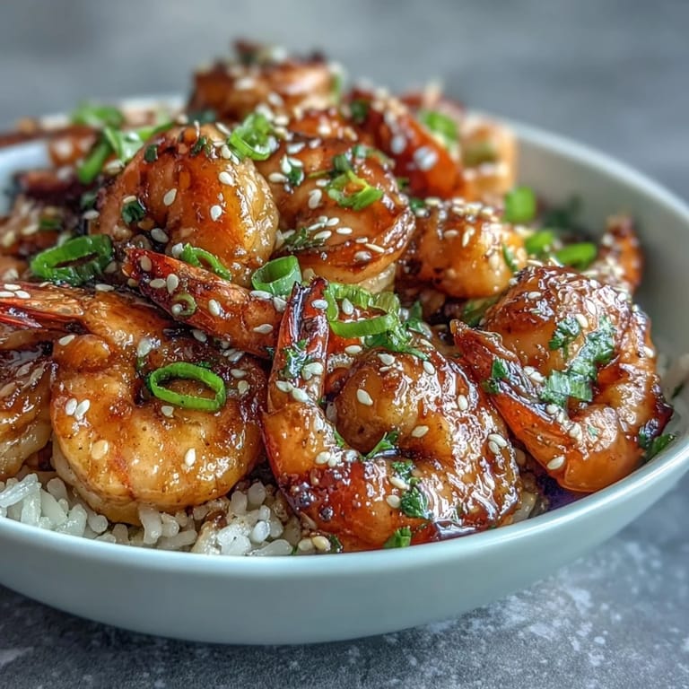 Honey garlic shrimp bowl topped with sesame seeds and green onions, served in a cozy rice bowl.