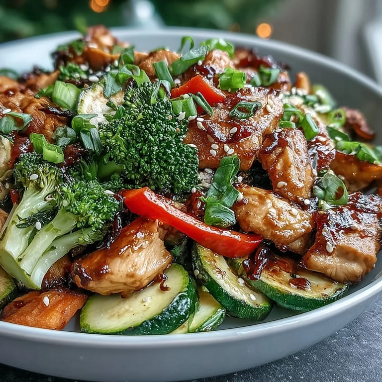 Vibrant chicken and vegetable bowl drizzled with a savory soy-ginger sauce, topped with sesame seeds for a satisfying, high-protein dinner.