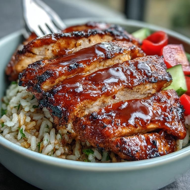 Protein-packed bowl with tender BBQ chicken, fresh greens, and zesty BBQ sauce topping.
