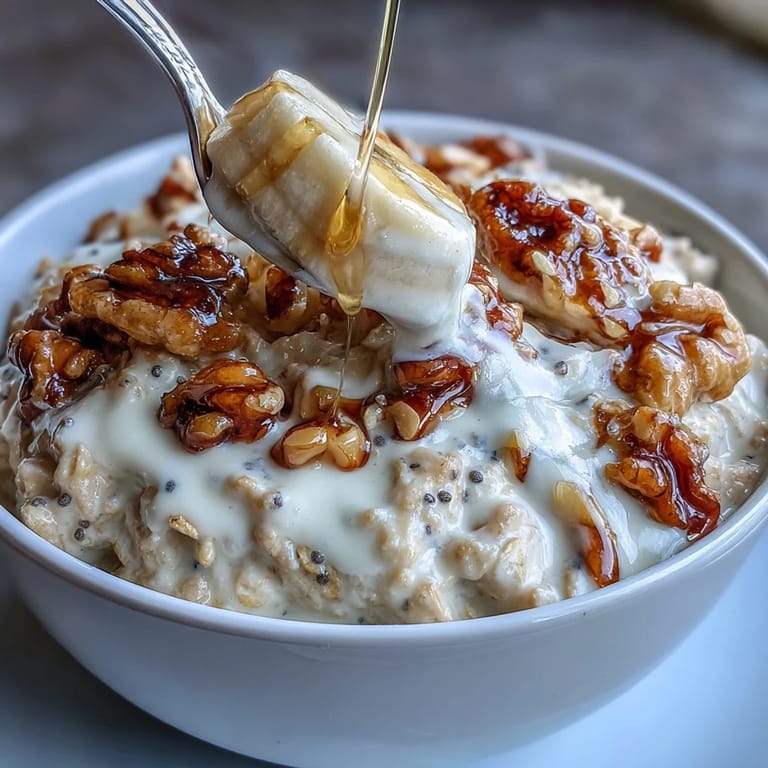 A warm bowl of high protein banana oatmeal, rich in flavor and topped with sliced bananas and a drizzle of honey for sweetness.