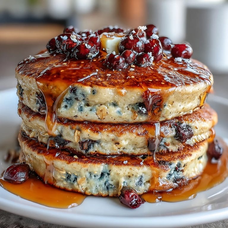Golden-brown protein pancakes loaded with juicy blueberries, served stacked on a white plate.