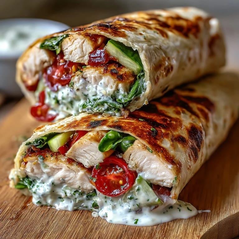 Fresh and flavorful chicken wrap packed with lean protein, crunchy vegetables, and a zesty lemon yogurt dressing for a satisfying meal.