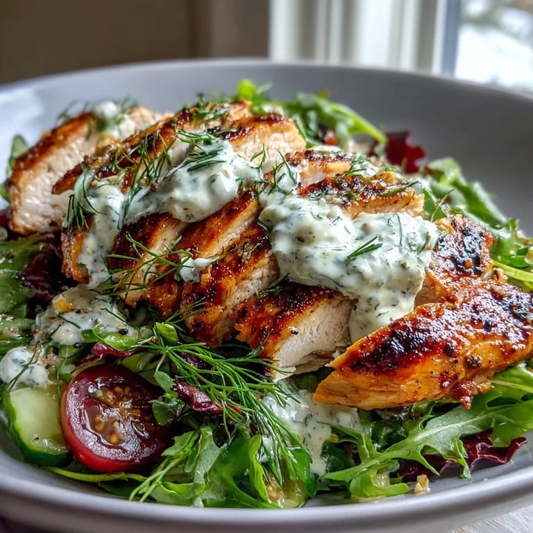 Fresh, healthy low calorie high protein chicken salad topped with juicy cherry tomatoes, cucumber slices, and zesty herb dressing.  