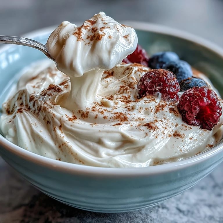 High protein yogurt snack in a glass bowl, garnished with cinnamon and juicy raspberries.