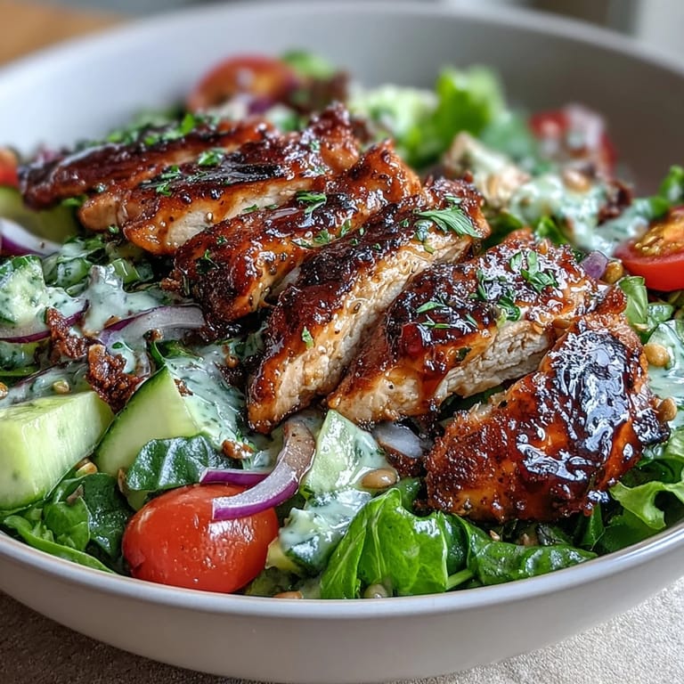 Grilled chicken breast over crisp mixed greens, cherry tomatoes, cucumber, and bell pepper for a healthy lunch.