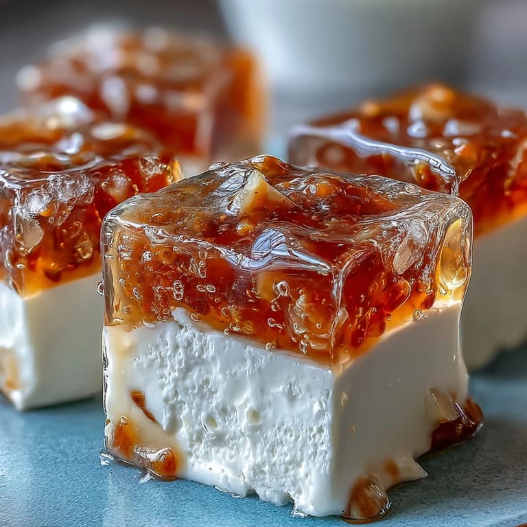 Chilled mango and coconut milk jelly cubes, offering a light and fragrant dessert with a smooth, delicate texture.