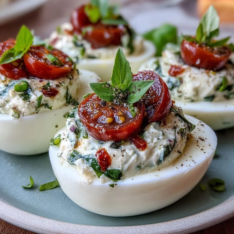 Bright, fresh deviled eggs filled with herbed yolk mixture, drizzled with basil oil, and garnished with diced tomatoes and mozzarella.  