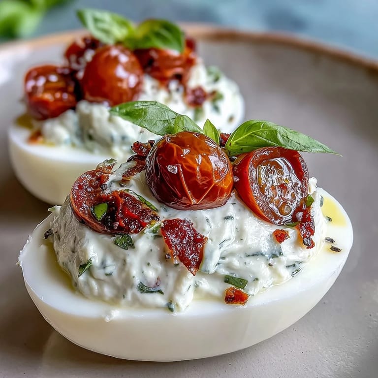 Italian-inspired deviled eggs featuring smooth basil oil, juicy cherry tomatoes, and creamy mozzarella for a colorful, flavorful bite.