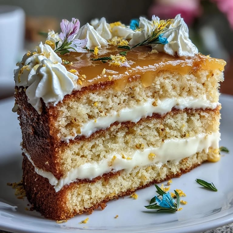 Elegant lemon curd layer cake with edible flowers, showcasing vibrant yellow filling and delicate floral accents, perfect for a festive Mother's Day dessert celebration.
