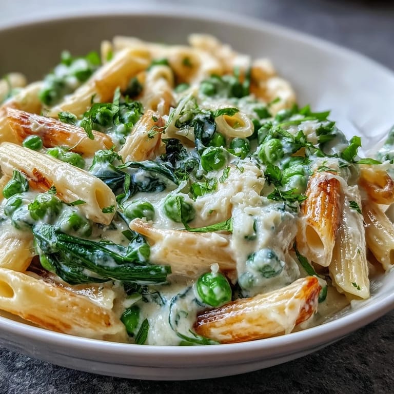 Easy lemon ricotta pasta with green peas and fresh spinach, a satisfying vegetarian main dish.
