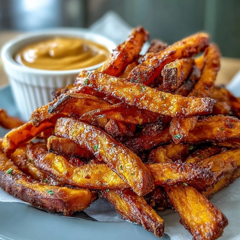 Easy air fryer sweet potato fries, ready for dipping in spicy aioli.