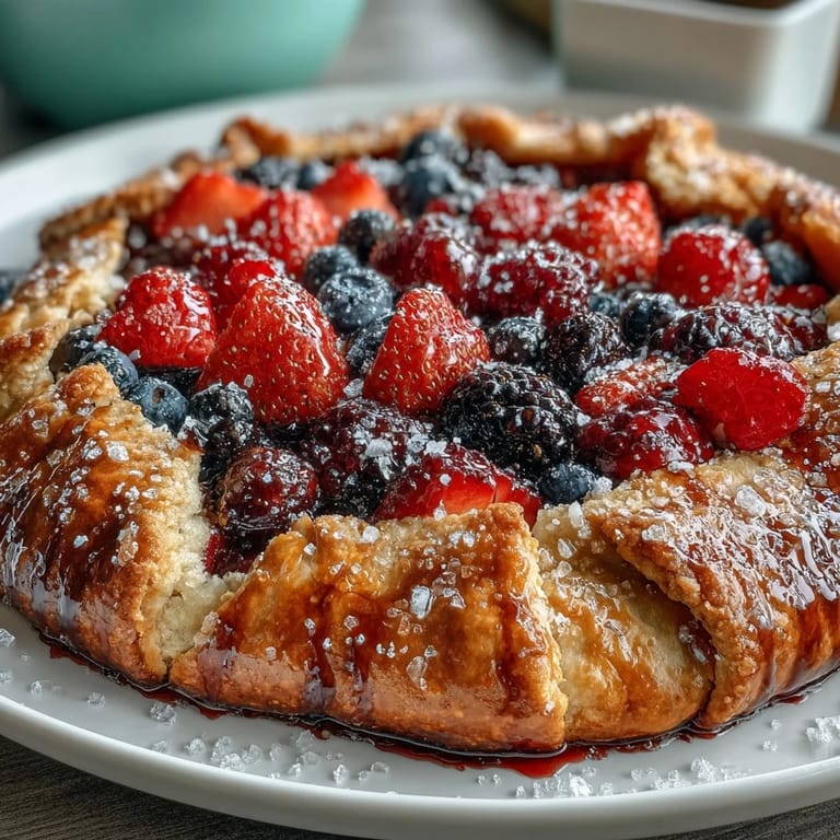 Golden Summer Berry Galette with almond crust, ready for serving with cream.