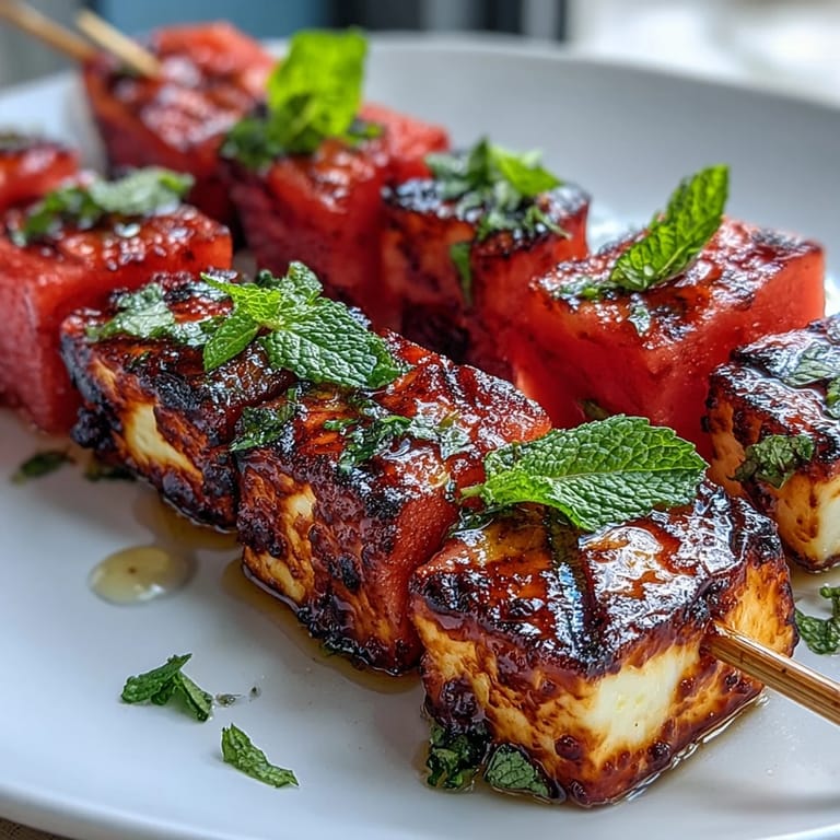 Enjoy savory Grilled Halloumi Watermelon Skewers, a vibrant, easy appetizer with mint garnish.
