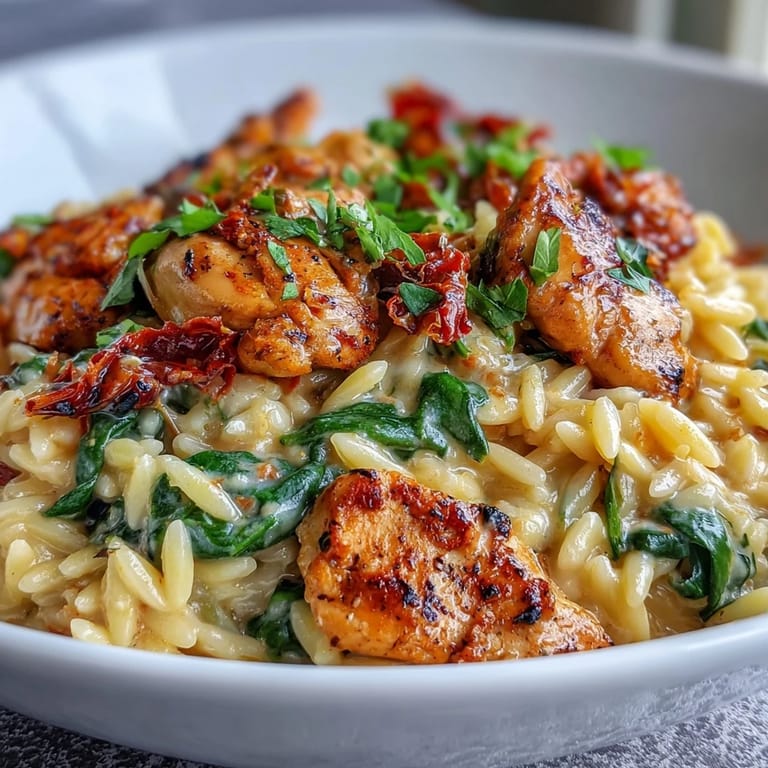 Enjoy a comforting bowl of sun-dried tomato chicken orzo with fresh basil garnish.