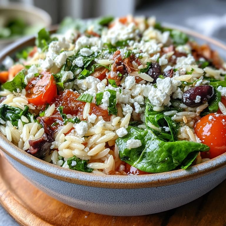 Flavorful Greek Style Orzo Salad, a hearty and comforting main dish.