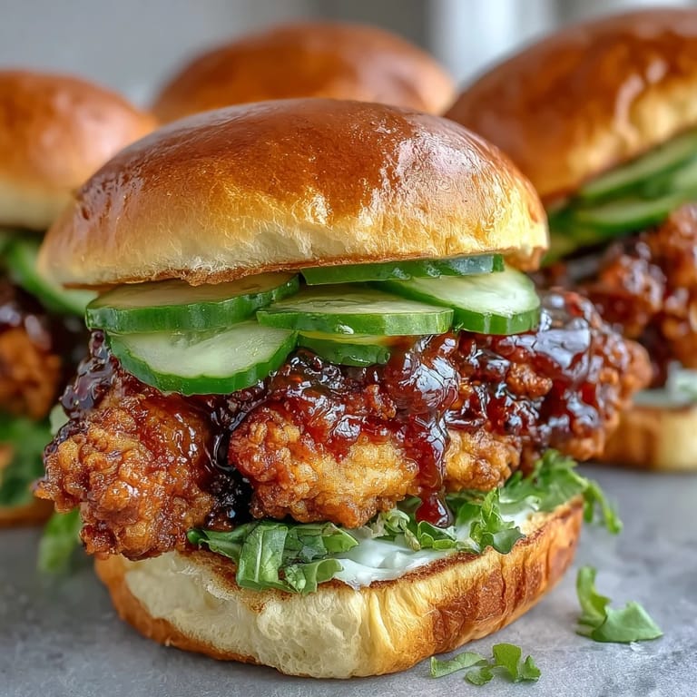 Stacked hot honey chicken sandwich with pickles, showcasing the glazed chicken.