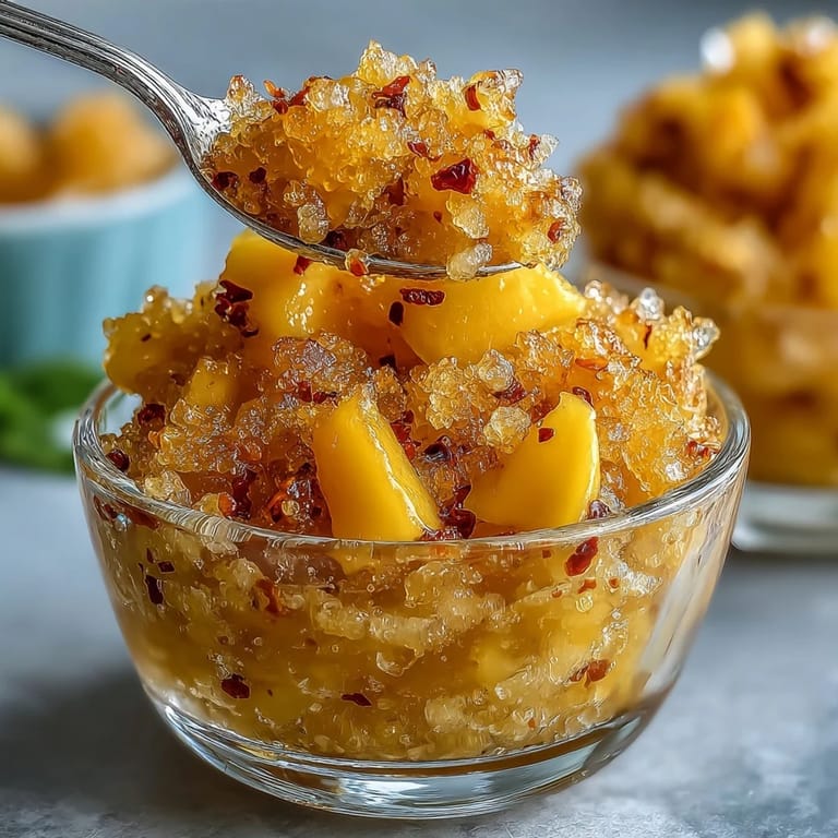 Frozen mango chili crisp granita dessert, a sweet and spicy fusion served chilled.