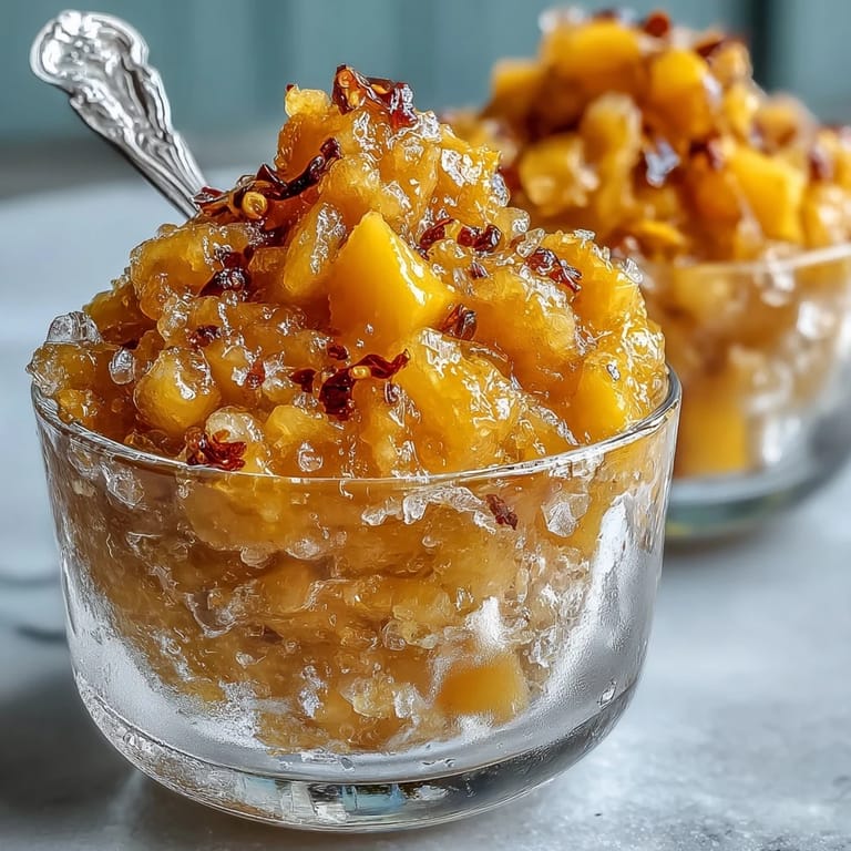 Close-up of textured mango chili crisp granita, ready to be scooped and enjoyed.
