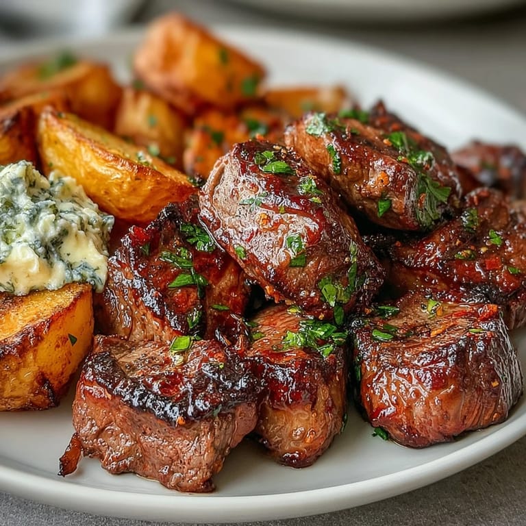 Juicy, seared steak bites tossed in rich garlic butter sauce with tender potatoes.