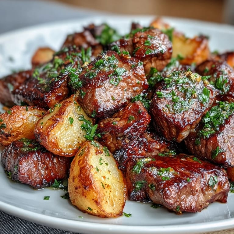 Flavorful steak bites and potatoes coated in irresistible garlic butter, a perfect meal.