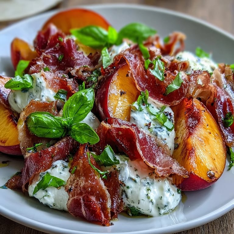 A refreshing, gluten-free Peach Burrata Prosciutto Salad with creamy cheese and balsamic drizzle.