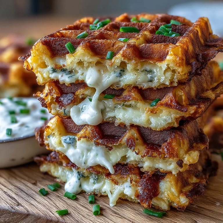 Comforting, cheesy mashed potato waffle melts served hot with a dollop of sour cream.
