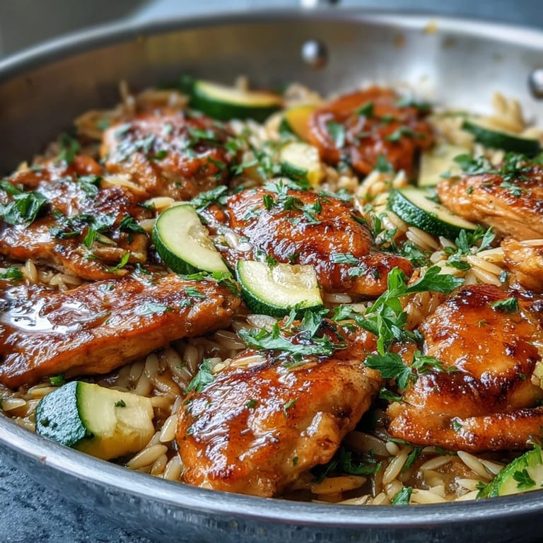 Golden seared chicken nestled with zucchini in flavorful lemon orzo, easy weeknight meal.