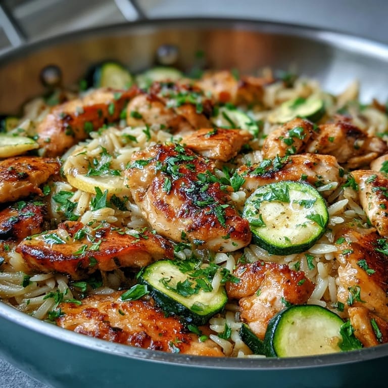 Bright Mediterranean one-pan lemon chicken and zucchini orzo, ready to be devoured.