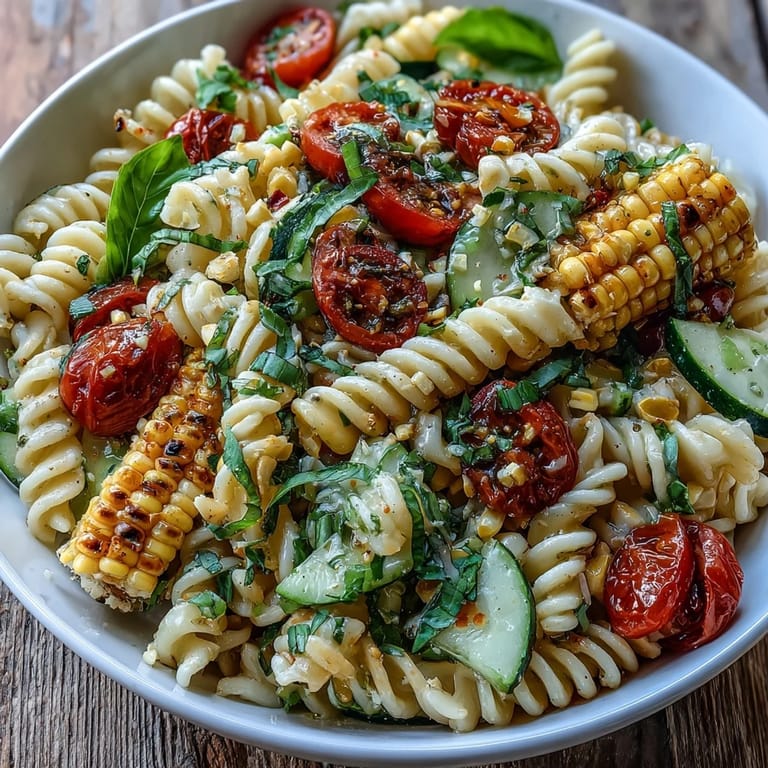 Freshly tossed summer corn and tomato pasta salad, perfect for picnics.