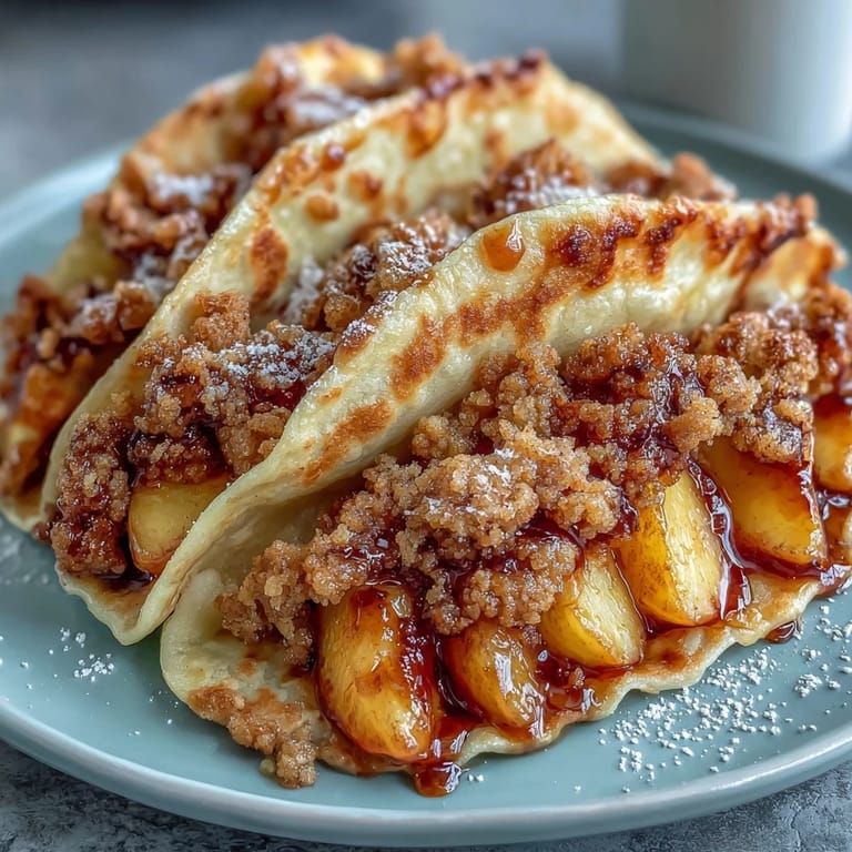 Fluffy peach cobbler pancake tacos overflowing with warm cinnamon fruit.