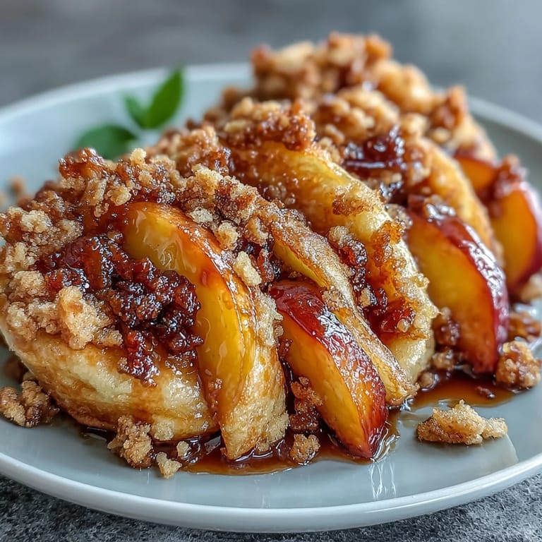 Delicious pancake tacos filled with juicy peaches and buttery streusel topping.