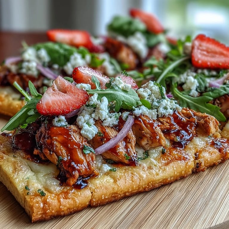 Vibrant Strawberry Balsamic Chicken Flatbread, ready to be sliced and enjoyed.