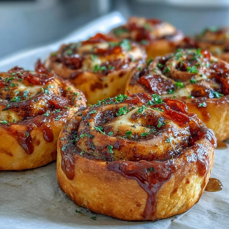 Delicious Hot Honey Pepperoni Pizza Rolls, fresh from the oven with a spicy glaze.
