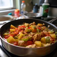 A pan of food on a stove.