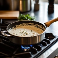 A pot of creamy cajun alfredo sauce on a stove.
